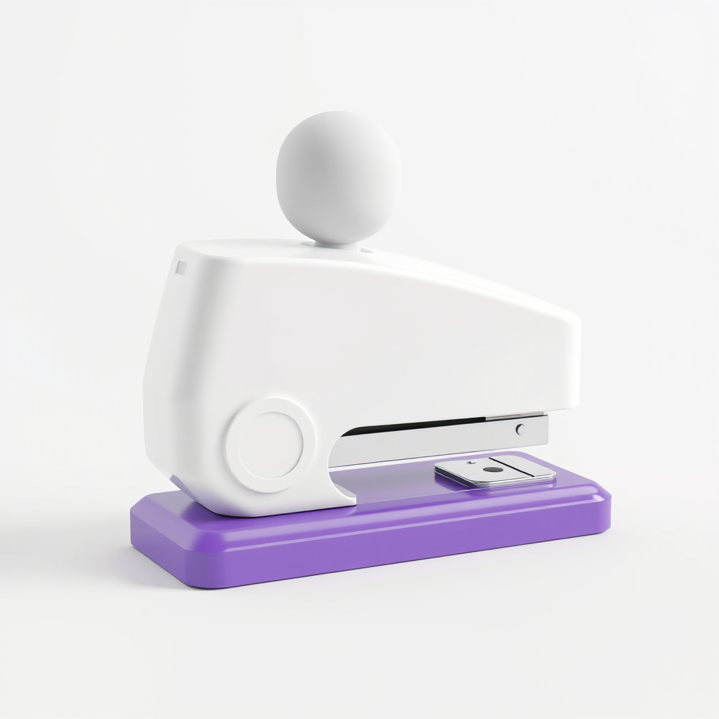 Create a 3D render of a minimalist figure using a sleek white modern stapler with a purple base, high depth of field, 85mm lens, f/1.8 aperture, soft lighting, and a clean white background for enhanced image quality.