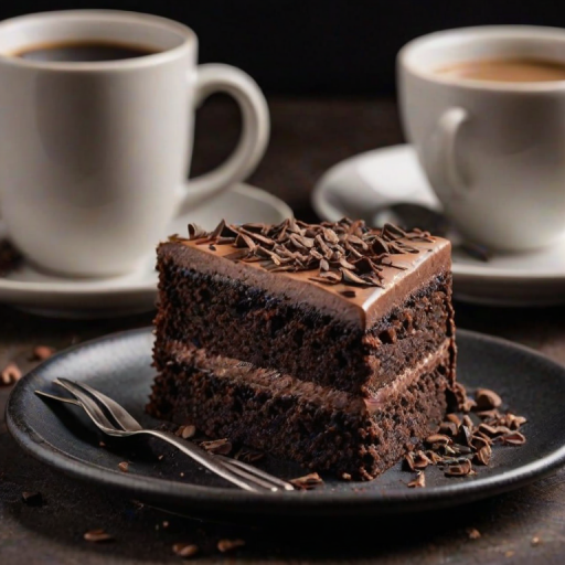 Generate an image of a slice of rich chocolate cake on a dark plate. The cake has multiple layers, with smooth chocolate frosting and chocolate shavings on top. In the background, there is a blurred image of a coffee cup. The setting should have a warm, cozy atmosphere.