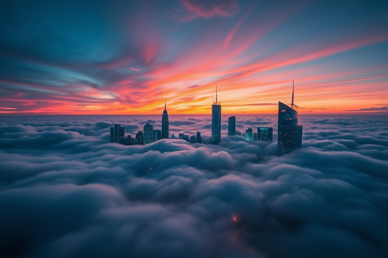 Create a surreal floating cityscape above a vibrant cloud layer during sunset, emphasizing futuristic skyscrapers with neon lights, captured with a Canon EOS R5 at f/8, ISO 100, 24mm lens, wide-angle view, using a long exposure technique to enhance light trails.