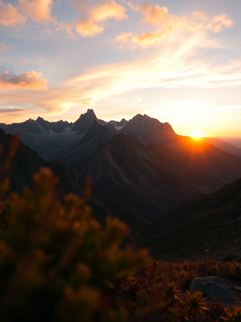 Create a high-resolution image of a scenic landscape featuring mountains and a vibrant sunset in the background, using a DSLR camera, 35mm lens, f/8 aperture, ISO 100, and a view from a low angle to accentuate the foreground details.