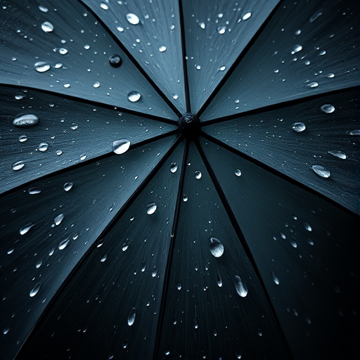 Create a high-resolution image of a black umbrella with white raindrop patterns, photographed at a 45-degree angle, using a DSLR camera with a 50mm lens, aperture set to f/2.8, ISO 100, and natural lighting for enhanced clarity.
