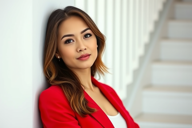 Regenerate a portrait of a woman in a red blazer leaning against a white staircase, natural light, aperture f/2.8, ISO 200, 50mm lens, DSLR camera, shallow depth of field, soft focus background.