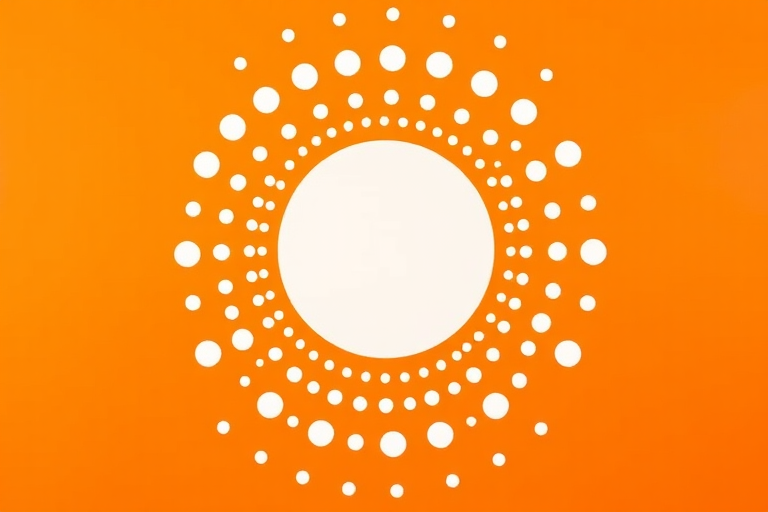 Create a vibrant orange background with a large white circle in the center surrounded by evenly spaced white dots, using a DSLR camera with a 50mm lens, aperture set to f/1.8, ISO 100, and a shallow depth of field for enhanced focus on the circle and dots.