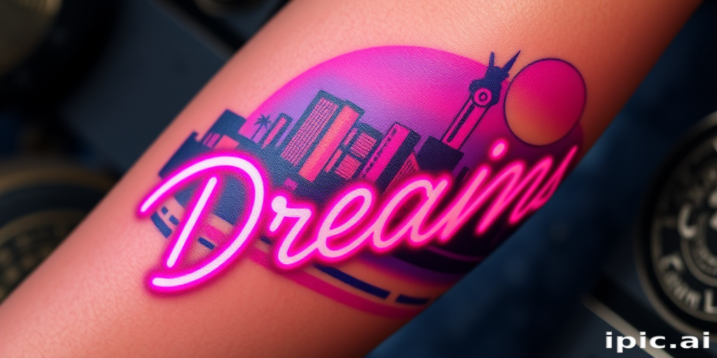 Retro-inspired neon sign tattoo called "Electric Dreams" with vibrant pinks and blues depicting a stylized cityscape and glowing text, capturing the essence of 1980s nostalgia on the calf