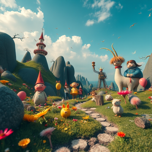Generate a whimsical landscape featuring whimsical creatures and characters in a surreal setting, captured with a Canon EOS R5, 35mm lens, f/8 aperture, ISO 100, using a wide-angle view to enhance depth, rich colors, and fine details.