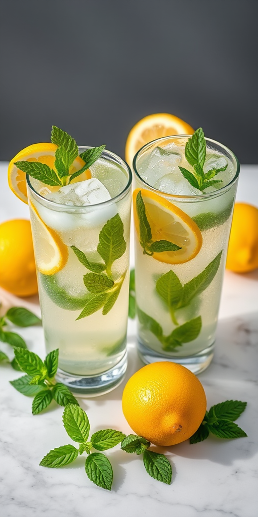 A close-up shot of two refreshing lemonades in clear glasses with ice cubes and mint leaves, surrounded by whole lemons and fresh mint on a marble surface, captured using a DSLR camera with a 50mm lens, f/1.8 aperture, ISO 200, and natural lighting for enhanced clarity and color vibrancy.