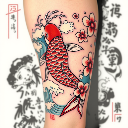Japanese-inspired "Irezumi Waves" tattoo featuring bold, flowing lines and traditional motifs, incorporating koi fish and cherry blossoms in rich, saturated colors