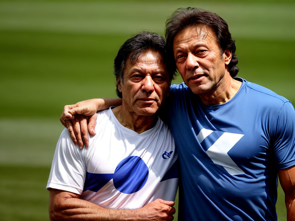 A man hugging imran khan and name amjad khan printed on his shirt