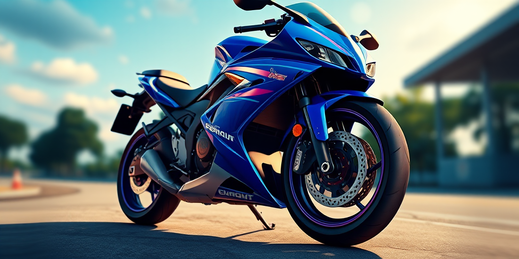 Create a high-resolution digital illustration of a blue motorcycle, using a wide-angle lens at f/8 to enhance depth of field, shot from a low angle to emphasize its sleek design and dynamic lines, employing a digital art style for vibrant colors and smooth gradients with a focus on reflections and shadows for realism.