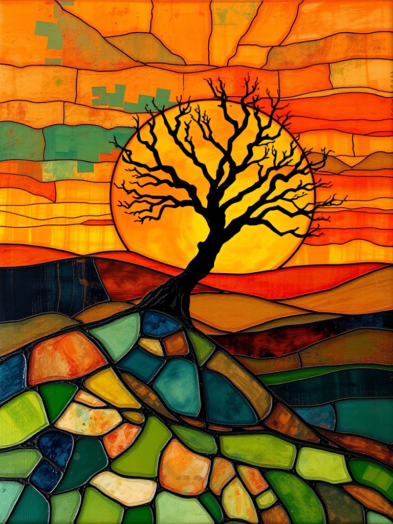A vibrant abstract painting on Tiffany Glass, blending acrylic and alcohol ink techniques, captures a dramatic sunset over rolling hills. The artwork features a textured, rocky foreground in green and brown, layered abstract hills, and a striking sunset in rich oranges, yellows, and reds. A solitary black tree with intricate branches contrasts against the fiery sky, creating a dynamic and expressive portrayal of a breathtaking natural scene.
