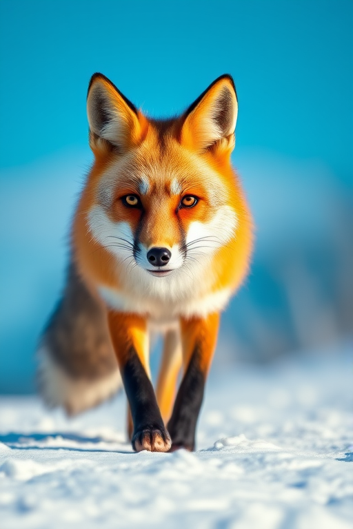 a close-up shot of a fox walking through the snow with a bright blue sky in the background, captured with a Canon EOS R5, 50mm lens, aperture f/1.8, ISO 100, shutter speed 1/2000s, standard color profile, natural lighting
