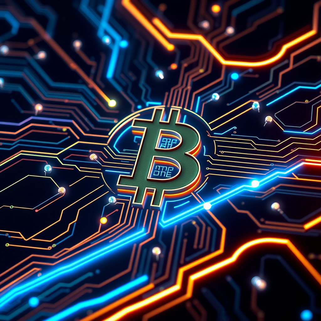Imagine a Bitcoin symbol (₿) intricately designed as part of a futuristic, glowing circuit board. The ₿ is central, composed of metallic gold and silver lines, seamlessly blending into the web of circuits surrounding it. Blue and green LED-style lights trace through the circuits, making it look like Bitcoin is powering a digital network. The background is dark, with neon accents highlighting the tech vibe, symbolizing the digital and decentralized nature of Bitcoin