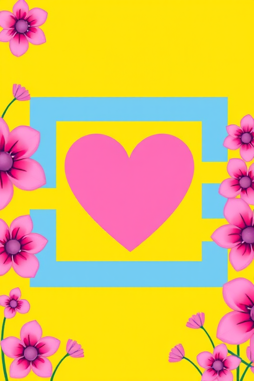Create a vibrant digital illustration featuring a pink heart shape framed in a colorful square with blue and yellow stripes on a yellow background, surrounded by playful pink and purple flowers, with high resolution and a vector art style, using a 50mm lens, f/8 aperture, and soft lighting.