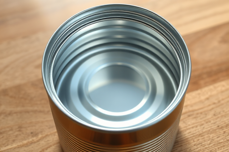 Generate a highly detailed illustration of an open tin can from a top-down view using a DSLR camera at f/8 aperture, ISO 100, shutter speed 1/200s with soft natural lighting, emphasizing reflections and textures for enhanced image quality.