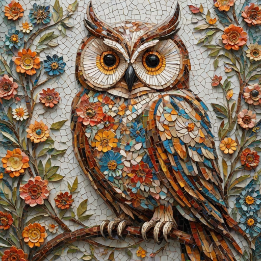 A mosaic of floral owls, each owl intricately composed of individual flower blossoms. The design showcases a delicate balance of nature and form, where the feathers of the owls are replaced by vibrant petals and blooms. The overall appearance is whimsical yet detailed, with each floral element contributing to the intricate patterns of the owl’s body. The artwork embraces a raw, organic style, with natural hues and soft textures, creating a harmonious blend of flora and fauna. The mosaic arrangement adds depth and visual intrigue to the piece, evoking a sense of wonder and artistic beauty.