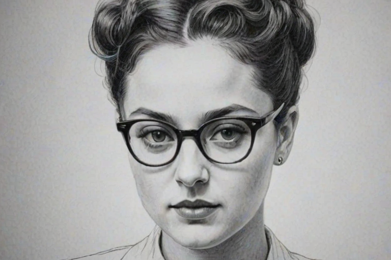 Charming Ashleigh Barty, pencil sketch, portrait of Resplendent woman 1939s in glasses, hair style beatnik, outline, clear lines, fine lines, 8k