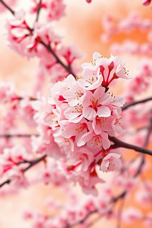Create a vibrant digital painting of cherry blossoms with a soft orange watercolor background, captured with a DSLR camera at f/4, ISO 100, 50mm lens, top-down view, high dynamic range style.