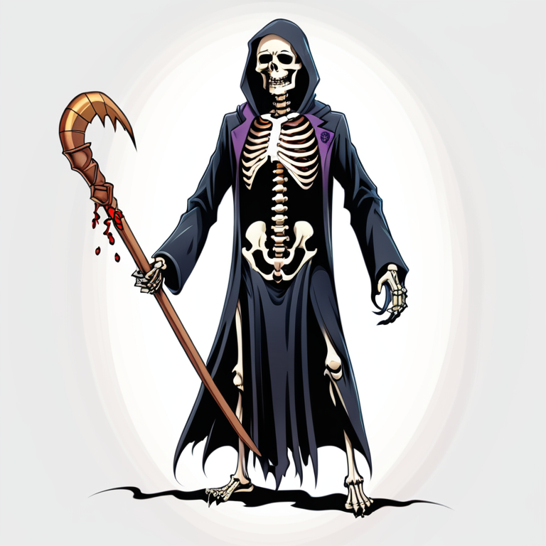 Stylized Skeleton Grim Reaper Holding a Bloodied Scythe in Dark Cloak