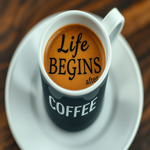 Create a high-quality image of a coffee cup with the text "Life BEGINS after COFFEE" in an artistic font, using a vintage style, shot from a top-down view with a shallow depth of field, aperture set at f/2.8, ISO 100, and a DSLR camera.