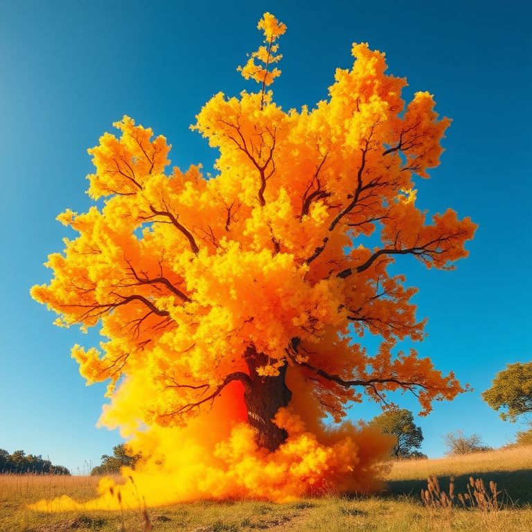 Create a vibrant cartoon-style explosion tree with rich orange and yellow hues, high resolution, DSLR camera settings, f/2.8 aperture, 50mm lens, shot from a low angle, bright sunlight, and vivid colors for enhanced image quality.