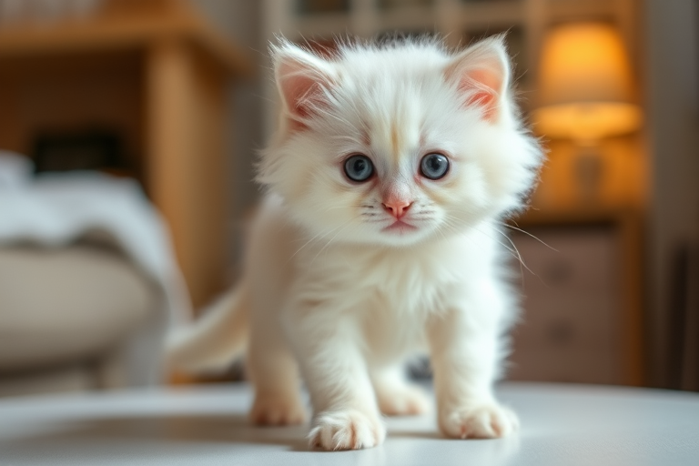 Cute fluffy kitten with soft white fur and big round black eyes standing on a light surface in a cozy indoor setting.
