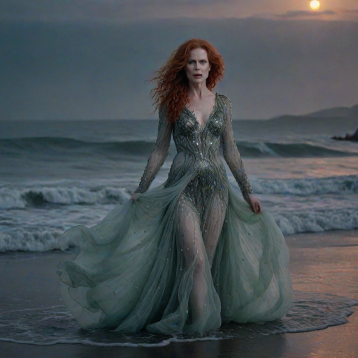 Bewitching image of Nicole Kidman, Big Little Lies star, with her porcelain skin and cascading red curls, emerging from misty waves in a sheer, iridescent gown, on a moonlit beach dotted with bioluminescent algae