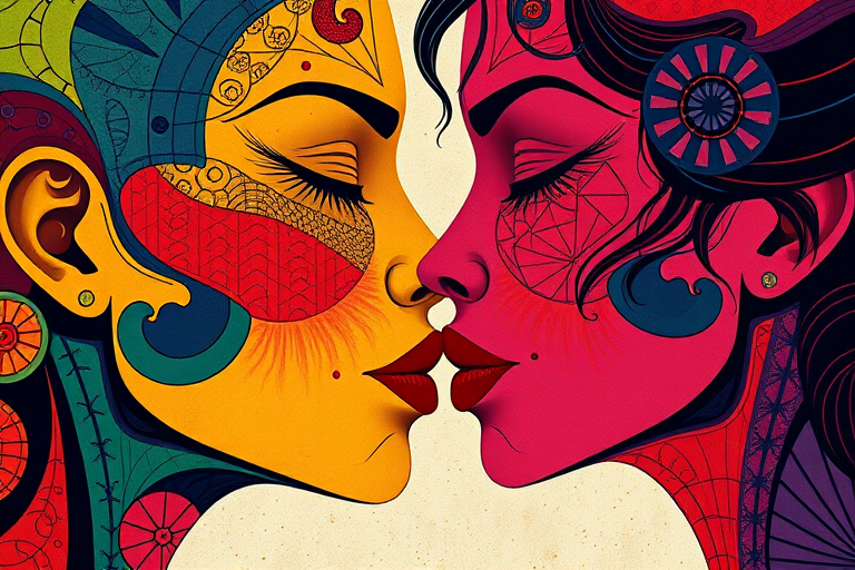 Create a high-resolution image of two abstract faces sharing a kiss, featuring bold colors and intricate patterns, captured with a Canon EOS R5, 50mm lens, aperture f/1.8, ISO 100, at a 1/200 sec shutter speed, using a soft-focus style with dramatic lighting to enhance details.