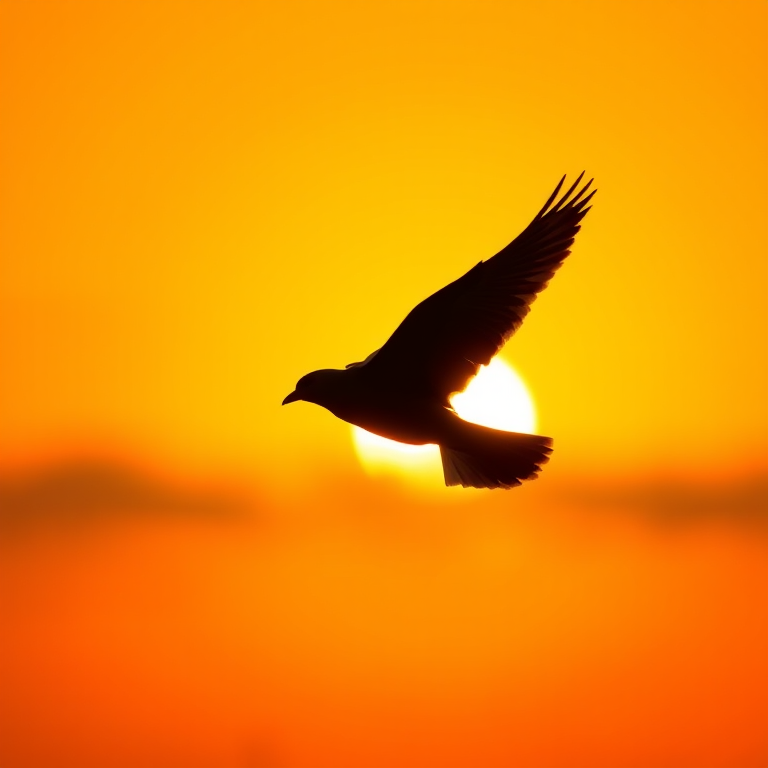 Create a high-resolution silhouette of a bird in flight against a gradient sunset background, captured with a Canon EOS R5 camera at f/4.0, ISO 100, and 1/2000s shutter speed, using a wide-angle lens for a dynamic view.