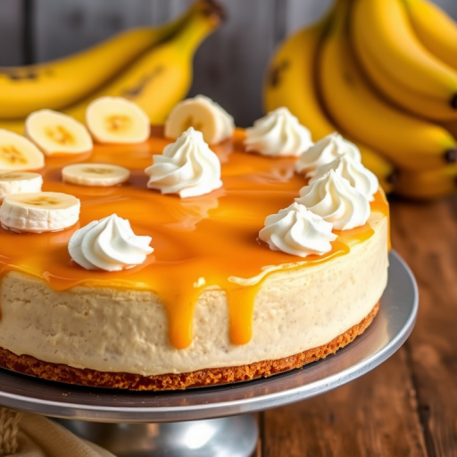 Create an image of a delicious banana cheesecake with a golden caramel topping and slices of banana on top. The cheesecake has a smooth texture and is garnished with swirls of whipped cream. The setting includes a metallic cake stand and fresh bananas in the background. Make the scene inviting and appetizing.