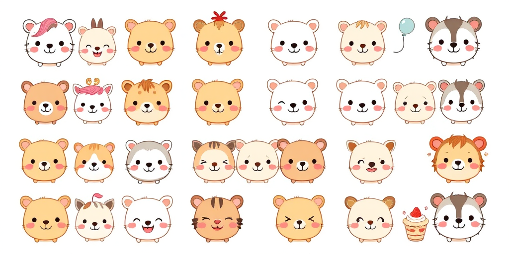 Create a grid of cute cartoon animals with various facial expressions and accessories in pastel colors on a white background include emotions like happiness sadness surprise and sleepiness add small items like balloons clouds and desserts in the design ensure a playful and whimsical style