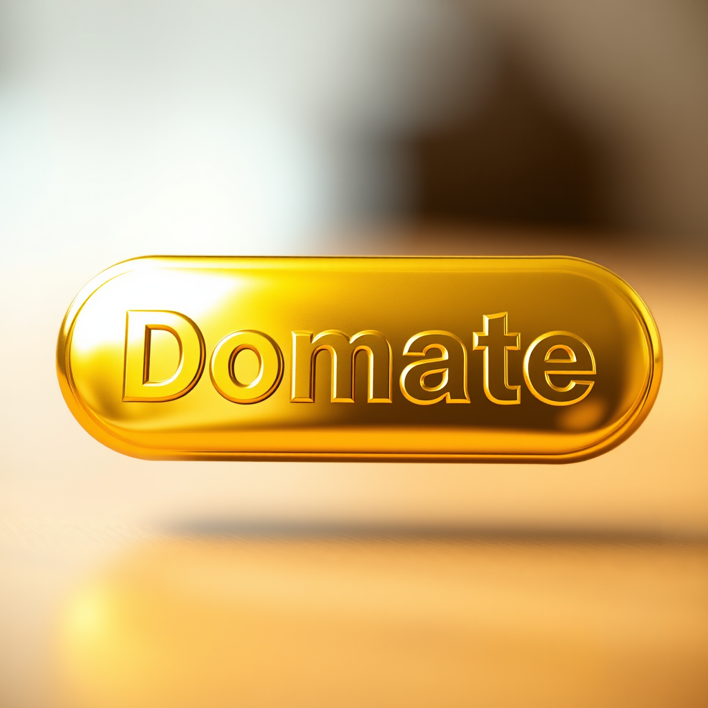 Create a glossy golden button with the word "Donate" in bold, soft-focus background, shot with a DSLR camera at f/2.8 aperture, ISO 100, 50mm lens, and soft lighting.