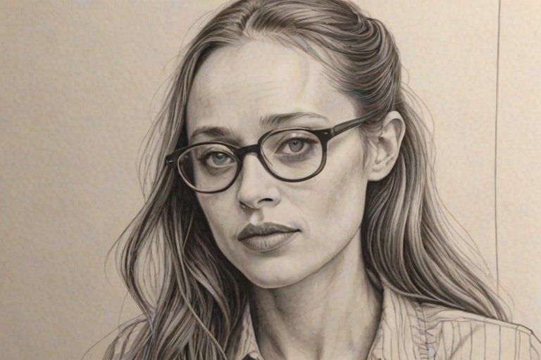 Stunning Fiona Apple, pencil sketch, portrait of Magnificent woman 1947s in glasses, hair style beatnik, outline, clear lines, fine lines, 8k