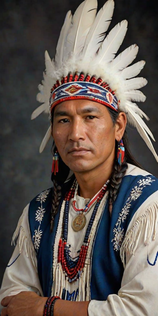 Create a dignified portrait of a Native American man dressed in traditional attire. He wears a beautifully crafted headdress adorned with white feathers and red beads, along with a beaded headband featuring intricate patterns. His clothing includes a deep blue, patterned shirt and a traditional chest piece with detailed beadwork. His arms are crossed, displaying leather armbands decorated with feathers. The background is simple and neutral, emphasizing his proud and stoic expression. The overall image captures the rich cultural heritage and strength of his persona.