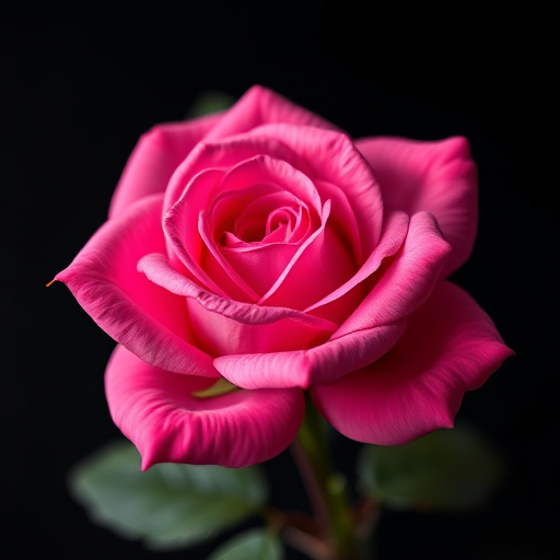 Create a close-up shot of a pink rose on a black background using a DSLR camera, aperture f/2.8, ISO 100, shutter speed 1/125, with soft natural lighting to enhance texture and detail.