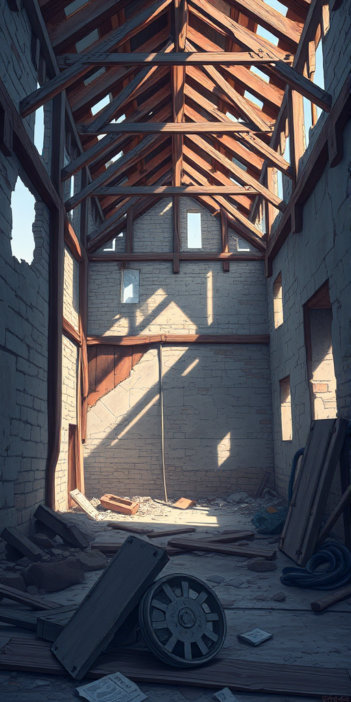 Create a high-resolution illustration of a crumbling building with exposed wooden beams and debris, using a DSLR camera with a 50mm lens, aperture set to f/2.8, ISO at 100, with a shallow depth of field to enhance focus on the structure while softly blurring the background.