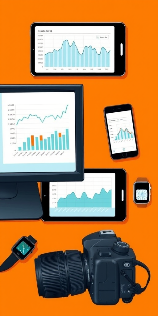 Create an illustration of a computer monitor, tablet, smartphone, and smartwatch displaying graphs on an orange background, shot with a DSLR camera, f/4 aperture, ISO 100, 50mm lens, top-down view, high contrast style.