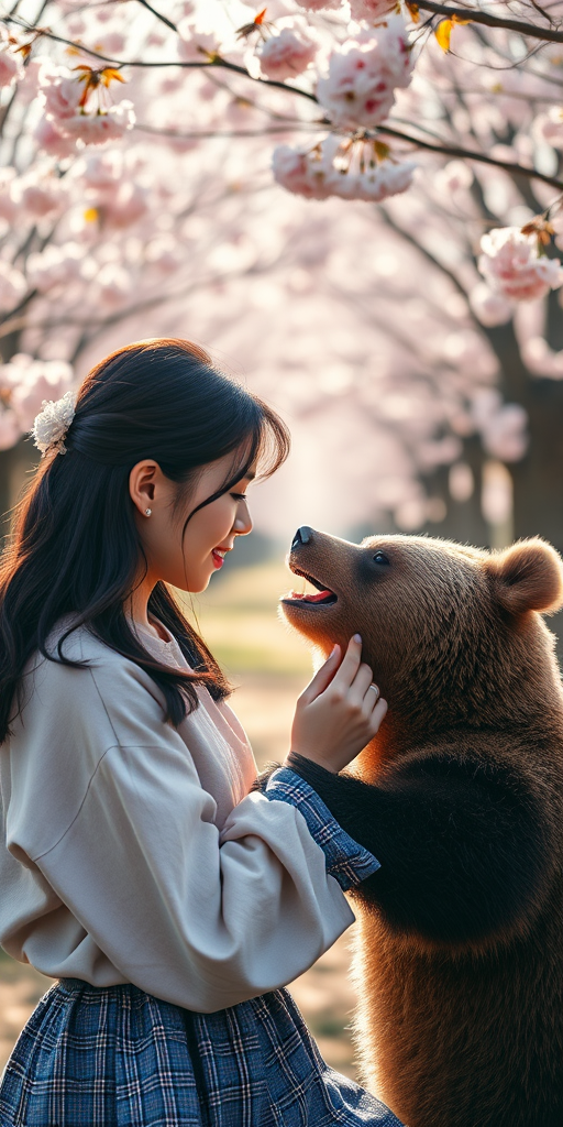 Create a vibrant, high-resolution scene of a young woman feeding a bear in a cherry blossom grove, using a Canon EOS R5 with a 50mm f/1.2 lens, aperture set to f/2.8, ISO 100, and a soft focus background to enhance depth, capturing the warm sunlight filtering through the trees.