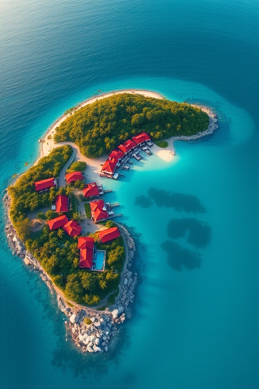 Capture a high-resolution aerial view of a picturesque island resort surrounded by turquoise waters, showcasing vibrant red-roofed buildings nestled among lush greenery, shot with a Canon EOS R5 at f/8, ISO 100, 1/250s, using a wide-angle lens.