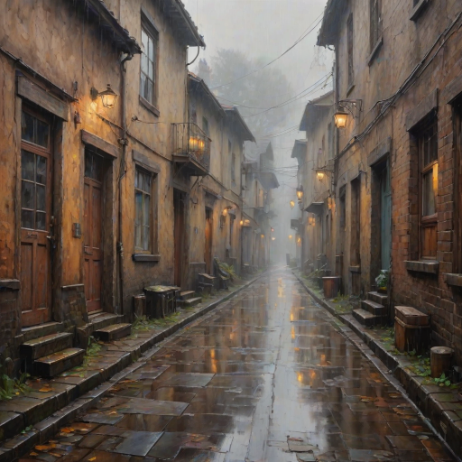 rainy day house painting, fine art painting, fantasy art, 4K, 3D, HDRi, detailed oil painting, high definition art, expressive rustic oil painting, foggy alley, soft focus