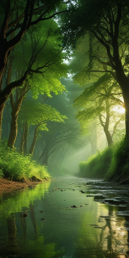 Serene Forest Scene with Sunlight Filtering Through Lush Green Trees