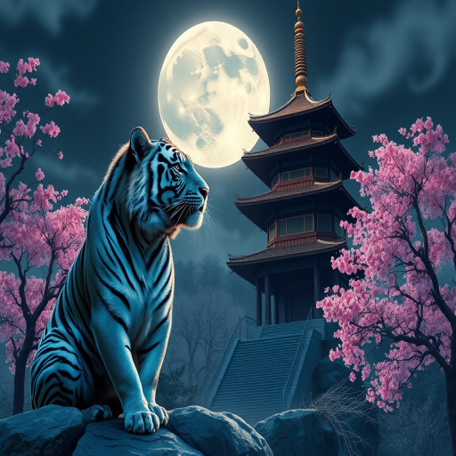 A majestic tiger with vibrant blue and black stripes sits beside a serene temple under a large full moon, surrounded by cherry blossom trees, high contrast colors, sharp details, 50mm lens, f/1.8 aperture, ISO 100, shot from a low angle to enhance the imposing presence of the tiger and the temple, digital art style, high resolution.