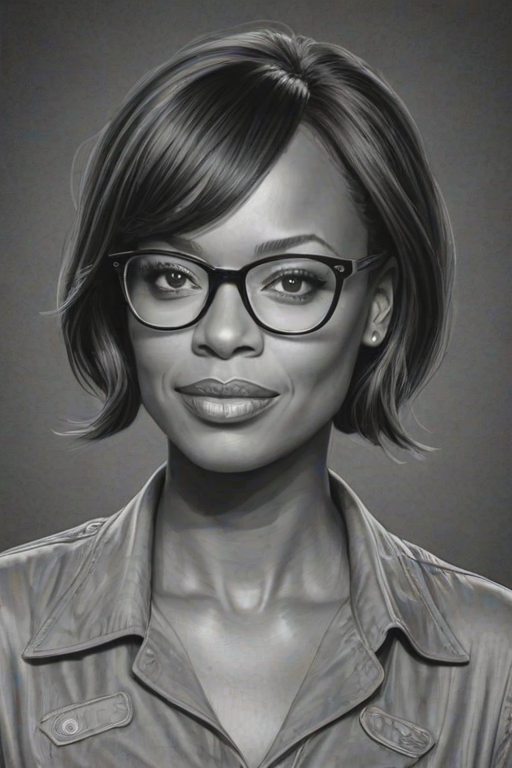 Elegant Aisha Tyler, pencil sketch, portrait of Splendid woman 1966s in glasses, hair style beatnik, outline, clear lines, fine lines, 8k