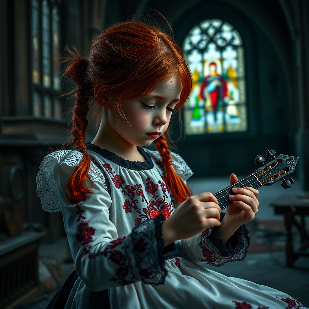 Close up realistic photo of a sad gothic little girl playing (instrument), red hair messy pigtails, black lace white dress with red detailed embroidery, abandoned gothic room with stained glass, closed eyes, horror cinematic lighting, dark fantasy, 4k, hdr,  uhd, detailed dress