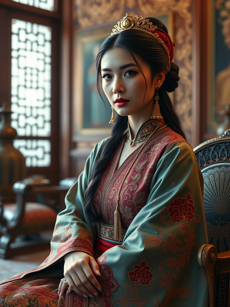 A beautiful Turkmen woman in traditional East Asian attire, intricately detailed with embroidered patterns, sitting gracefully in a richly decorated room, soft ambient lighting, serene and elegant, ultra-realistic, 8K resolution