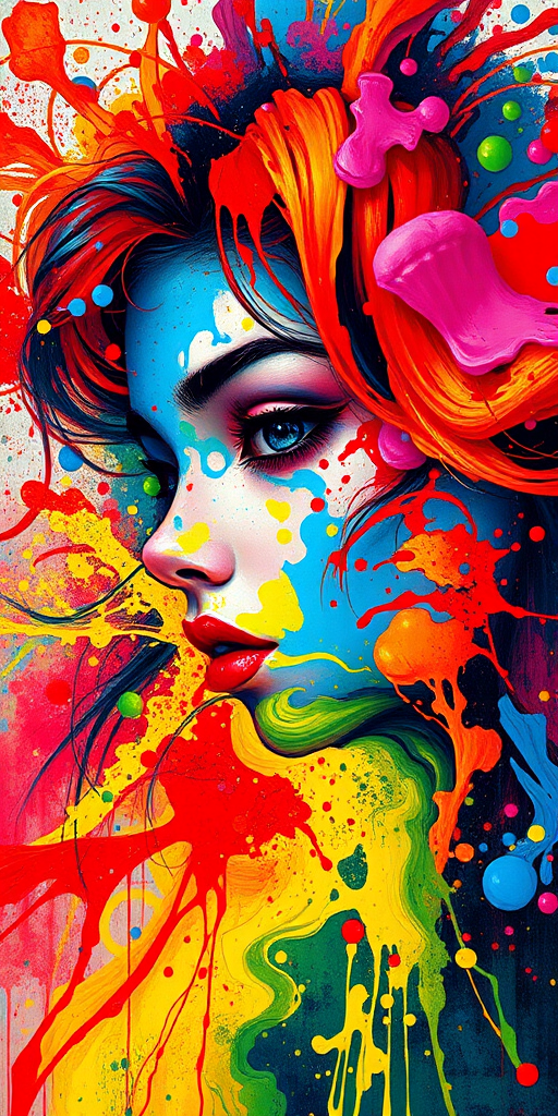 masterpiece, best quality, 1girl, solo, intricate details, chromatic aberration, Combine vibrant splashes of red, blue, yellow, and green, with swirling motions and color leaks to create an explosive and chaotic effect,