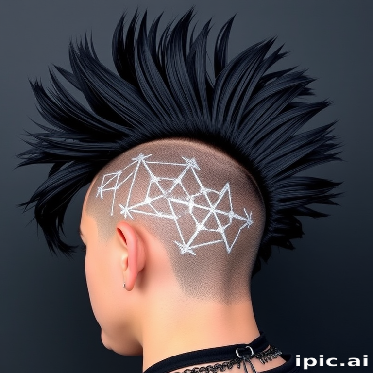 Dramatic jet black mohawk with shaved sides adorned with intricate silver geometric patterns, representing edgy punk rock style called Midnight Rebel