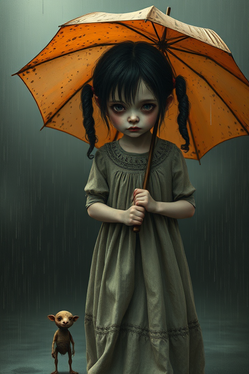 An eerie, weird little girl with dark hair in thin pigtails, wearing a smock dress, standing in the rain, holding a dirty orange umbrella, a small, odd creature beside her. In a surreal style inspired by Nicoletta Ceccoli and Brian Froud. Dark fantasy themes