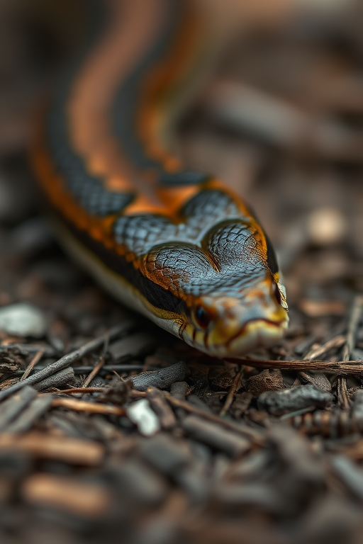 Close-up of a brown snake resting on the ground, shallow depth of field, 50mm lens, f/2.8 aperture, 1/200 sec shutter speed, ISO 400, soft natural lighting, macro photography style.