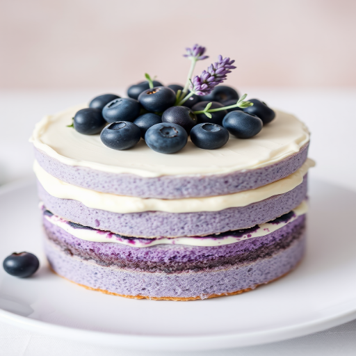 A beautifully crafted cake with layers of purple and creamy textures topped with fresh blueberries and a sprig of lavender, elegantly displayed on a white plate with a soft background.