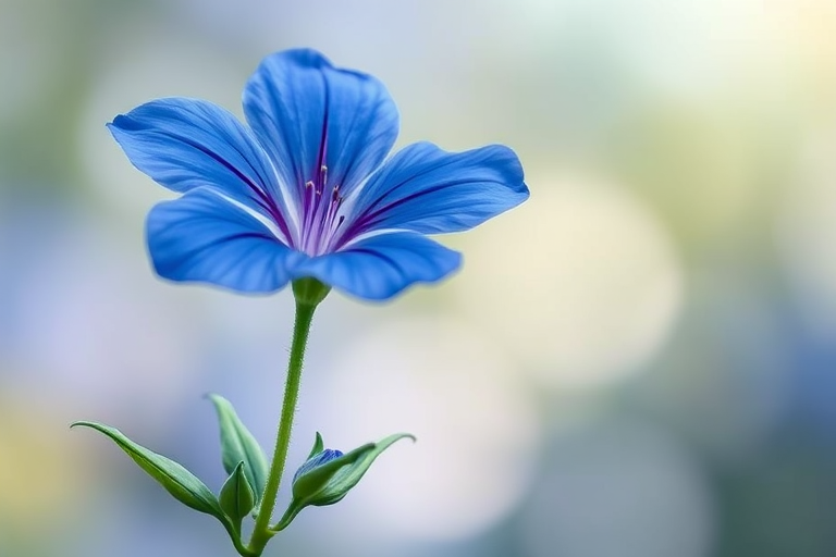 generate a highly detailed illustration of a blue flower with a stem and leaves, set against a soft blurred background, macro lens, f/2.8 aperture, 50mm focal length, natural lighting, digital painting style